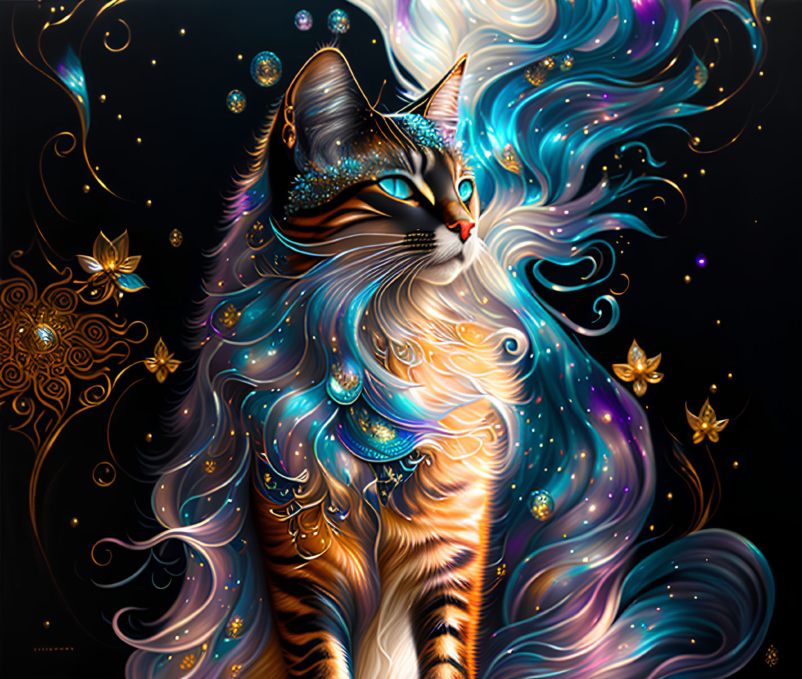 Colorful Swirling Patterned Cat with Jewels on Dark Background