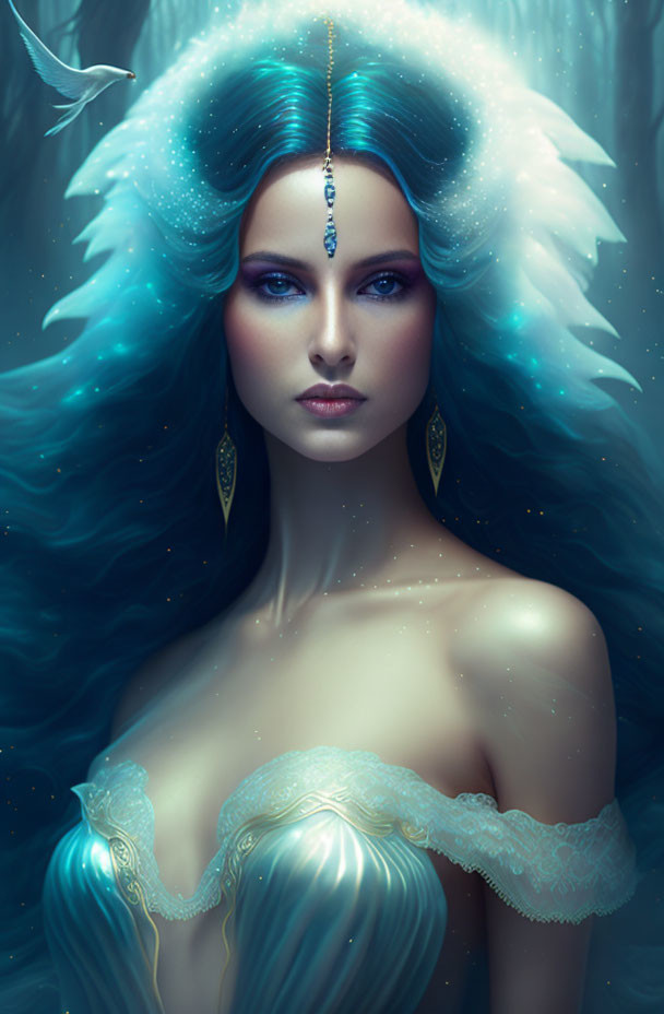 Fantasy digital art: Blue-haired woman with white bird and mystical aura