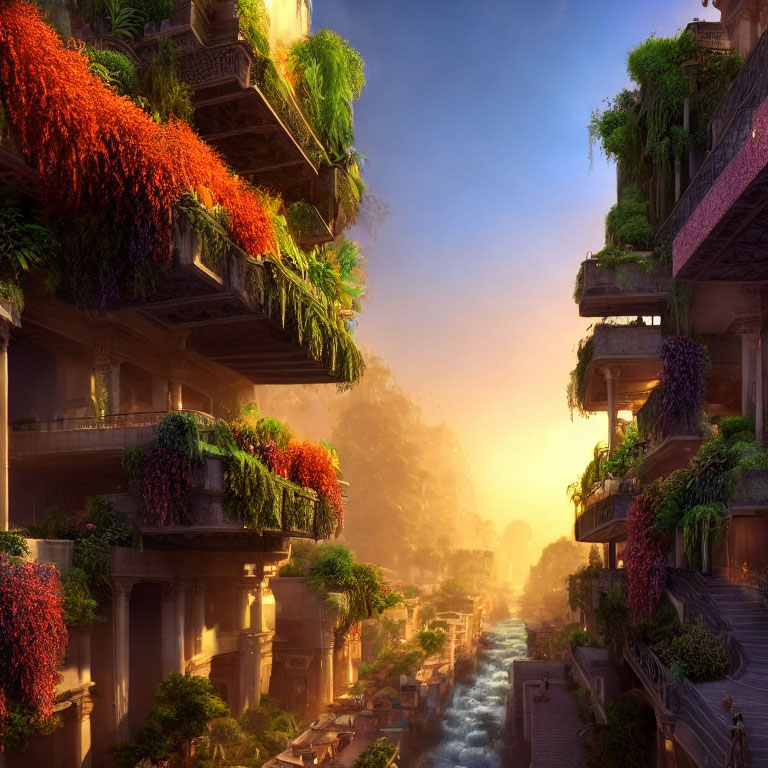 Futuristic cityscape with lush greenery and calm waterway at sunrise