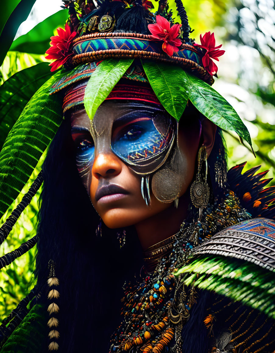 Woman in tribal headdress with face paint and jewelry in lush green foliage