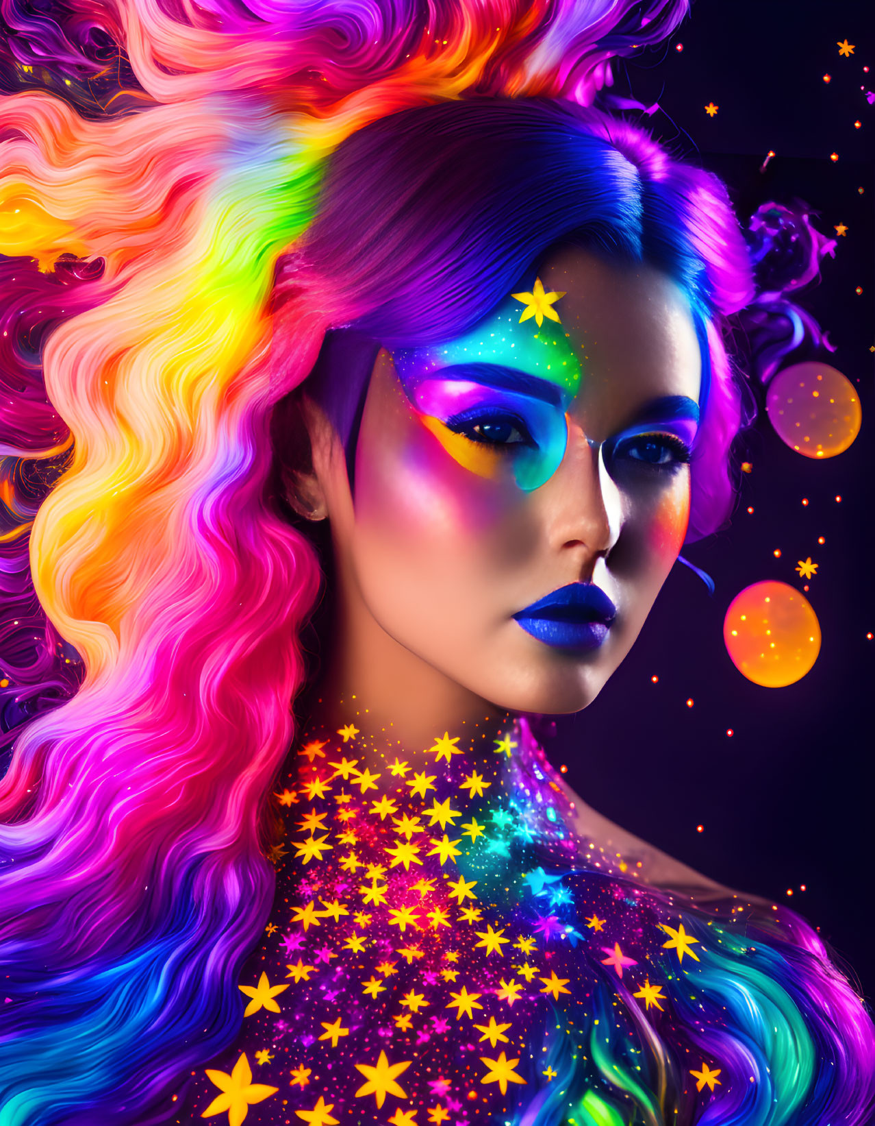 Vibrant rainbow-colored hair and cosmic makeup on a woman in a mystical setting