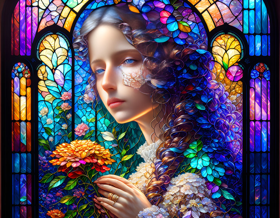 Illustration of woman with flowing hair in front of vibrant stained-glass windows