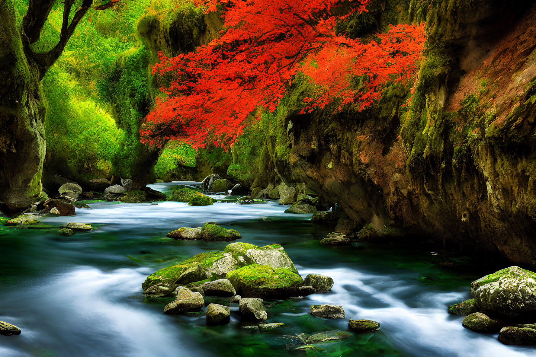 Tranquil river in rocky creek with green moss and red maple tree