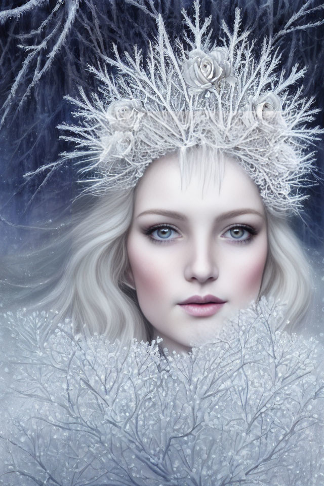 Pale woman with blue eyes wearing a frosty floral crown - a wintry, ethereal beauty.