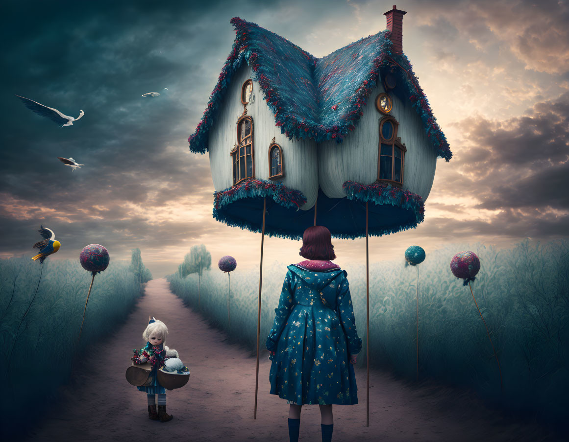 Woman and child admire flying house in surreal landscape