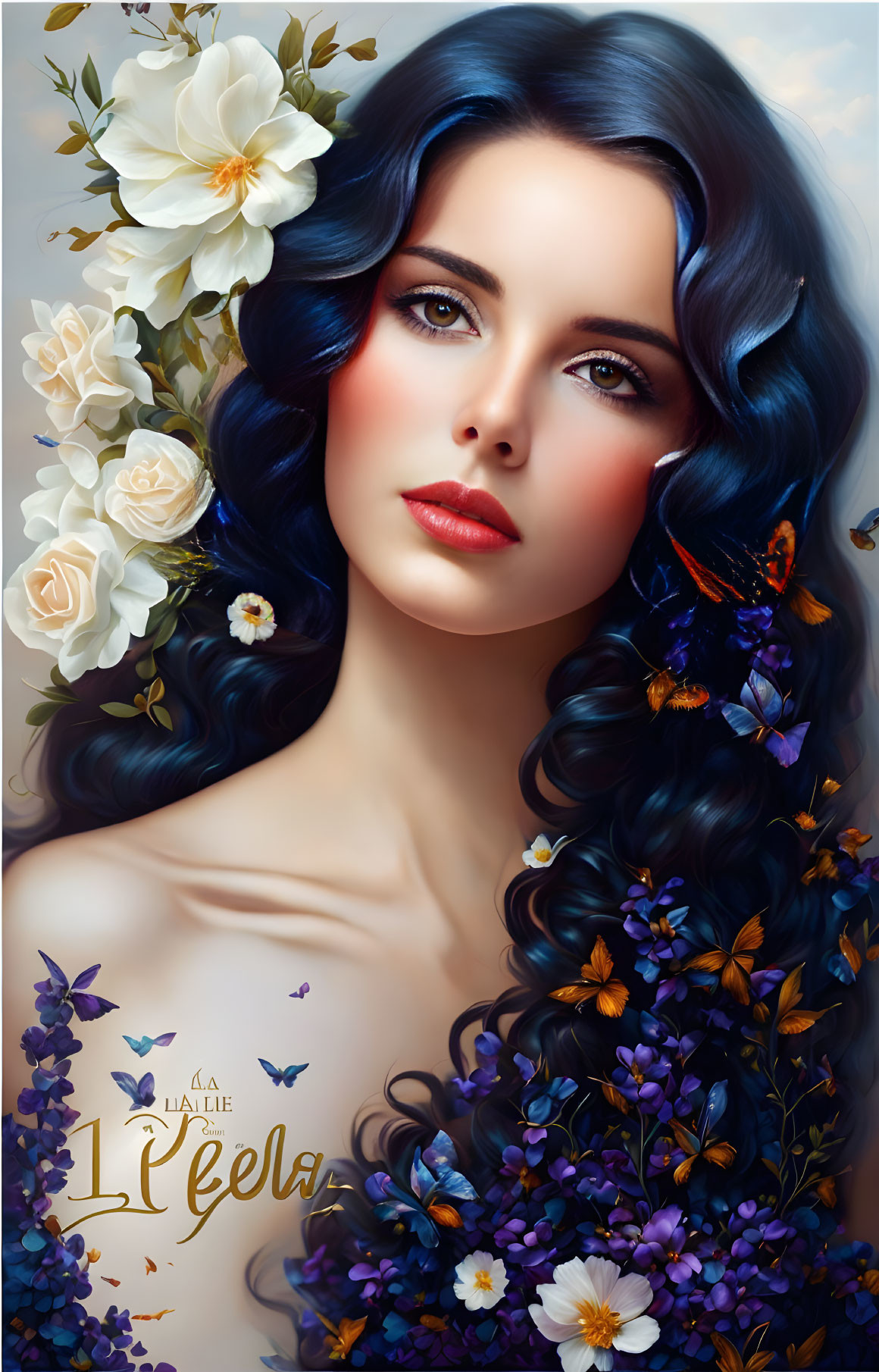 Digital portrait of woman with blue wavy hair and floral adornments on soft background