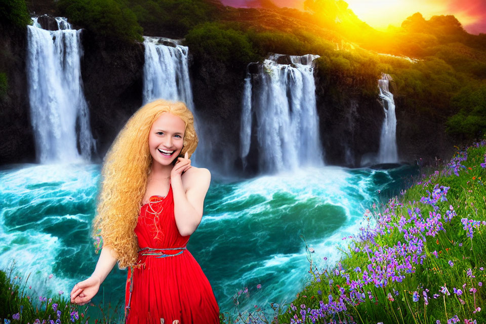 Blonde woman in red dress at majestic waterfalls in sunset