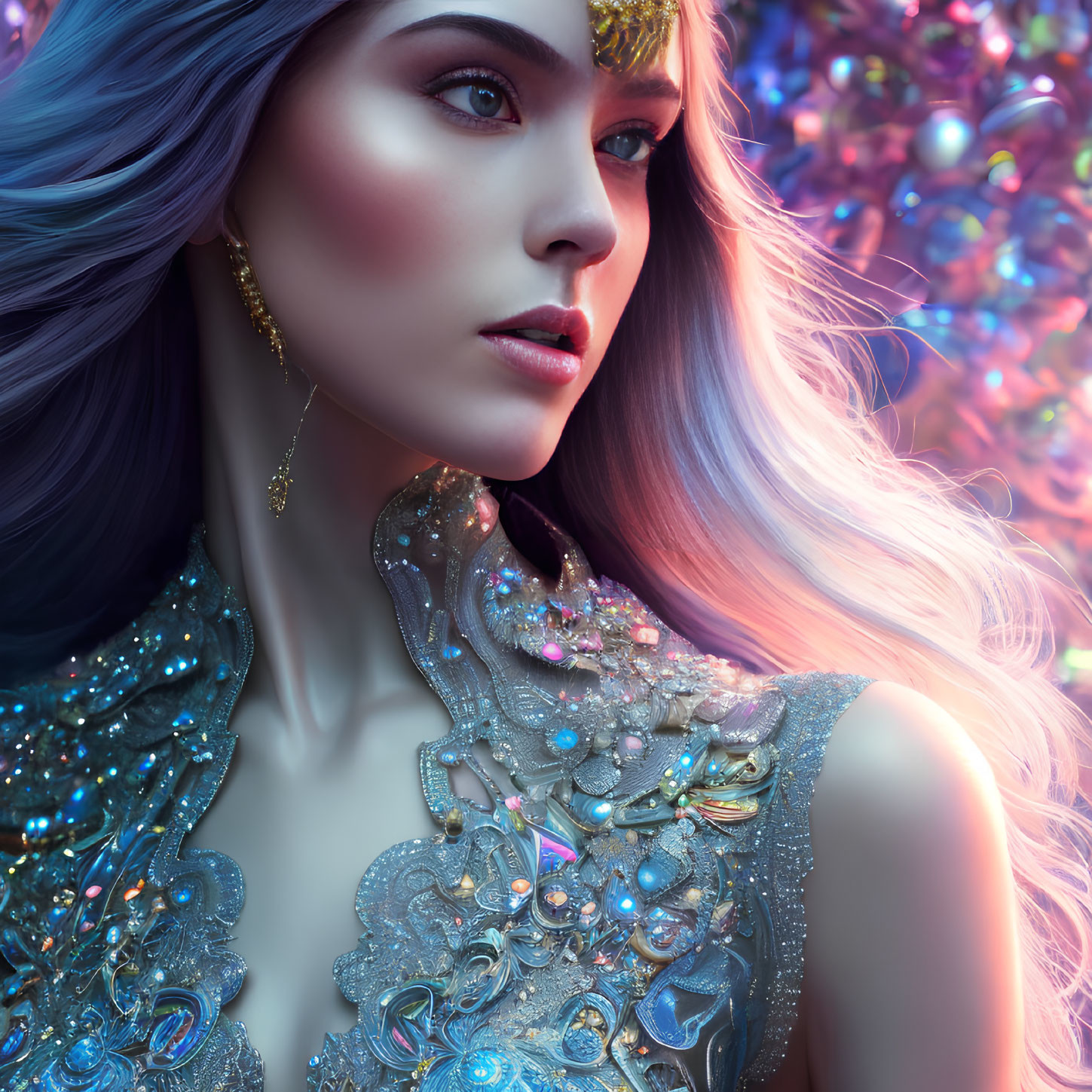 Fantasy-themed portrait of a woman with crown and sparkling attire in blue and purple hues against bokeh