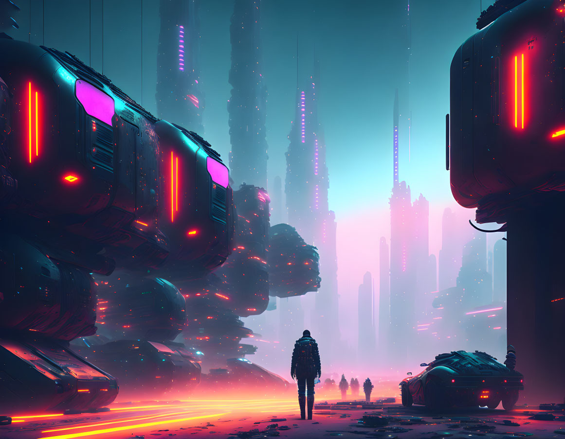 Futuristic cityscape with neon lights and skyscrapers