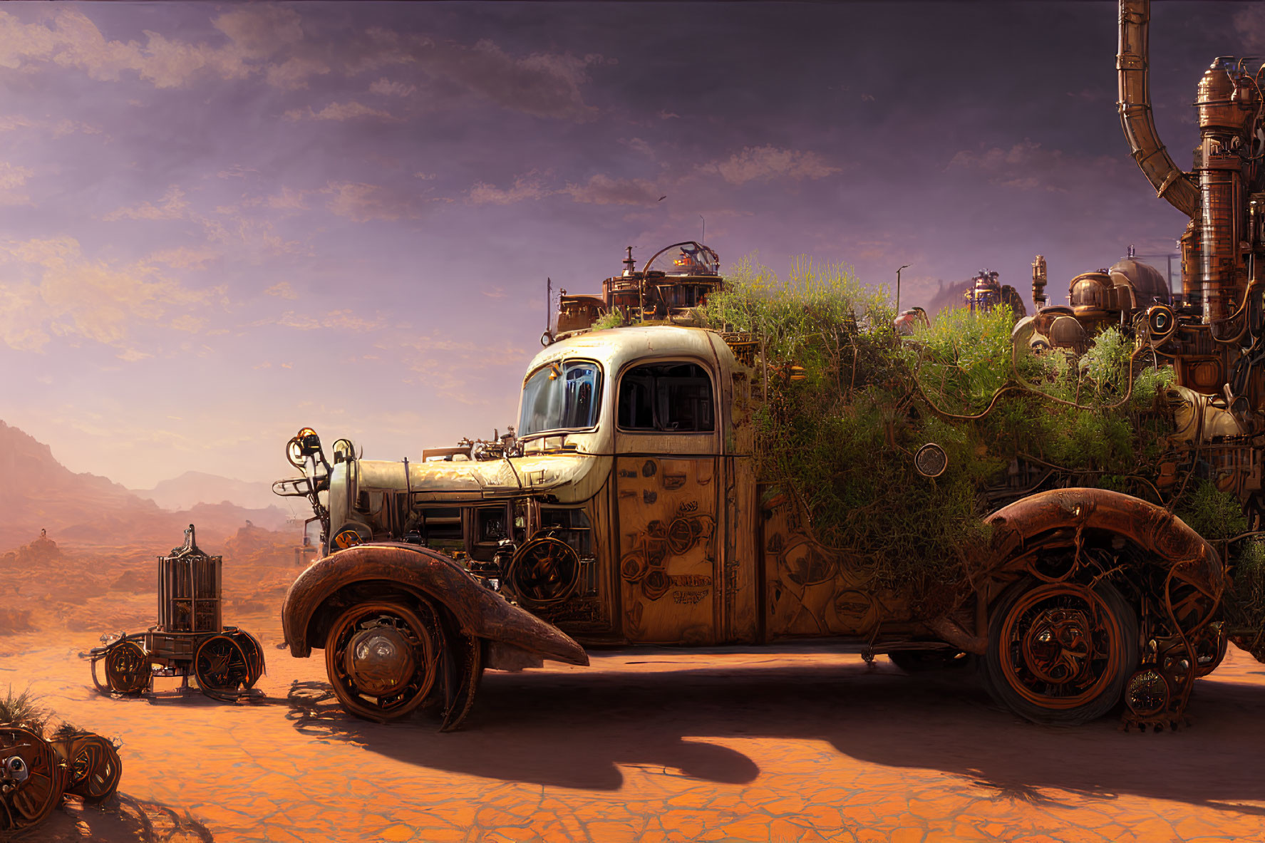 Vintage truck with steampunk elements and robots in desert scene