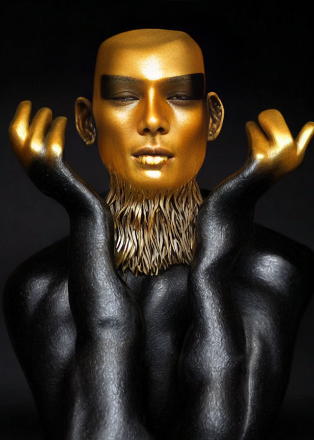 Golden-faced figure with beard and elongated ears against dark background