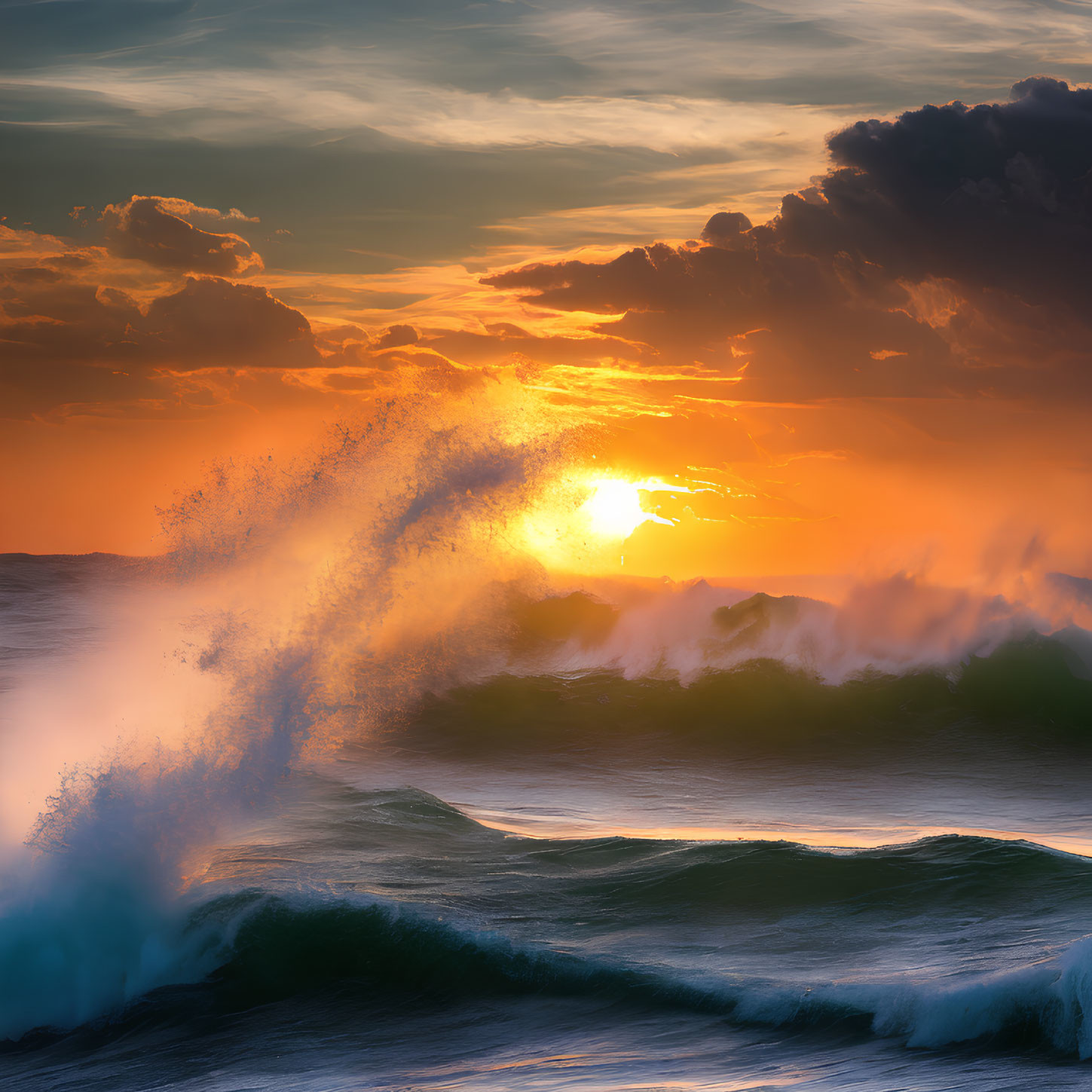 Scenic sunset over ocean waves with golden light