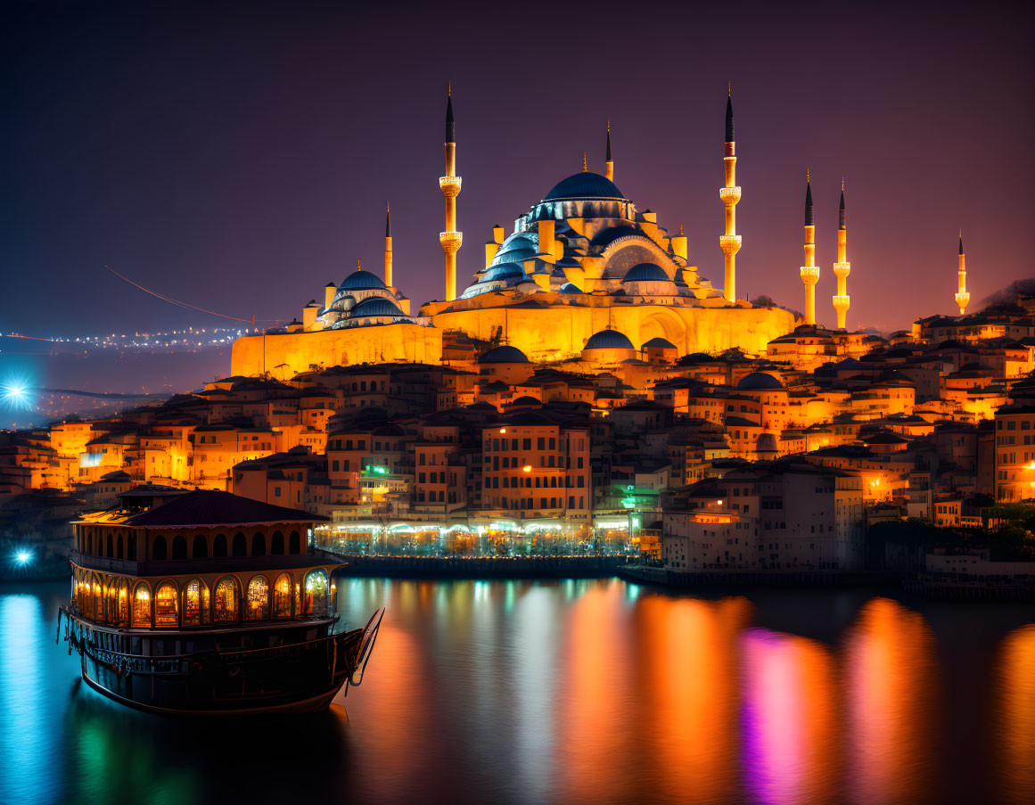 Mosque illuminated at dusk with city lights and boat in water