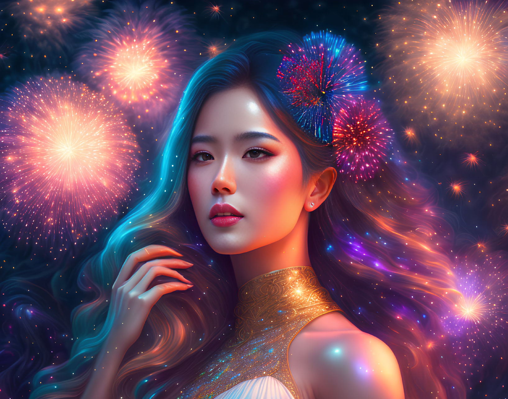 Vibrant fireworks surround woman with flowing hair