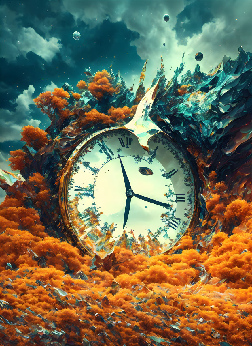 Surrealist landscape with oversized clock in golden-orange foliage