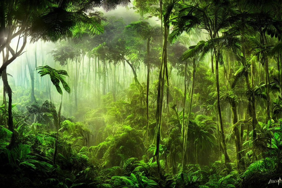 Vibrant rainforest with towering trees and misty light