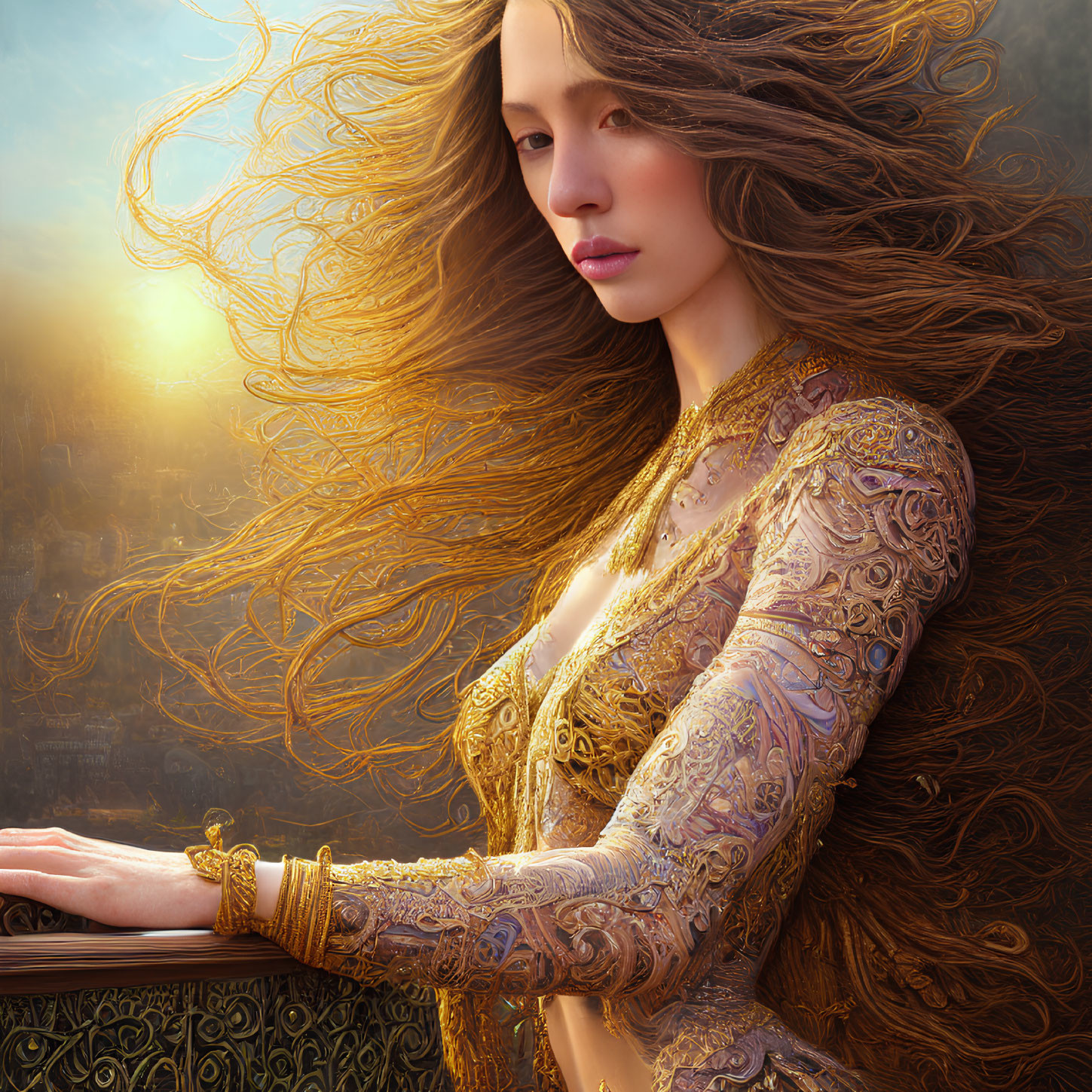 Golden-haired woman in ornate gold attire gazes pensively in sunset-lit cityscape