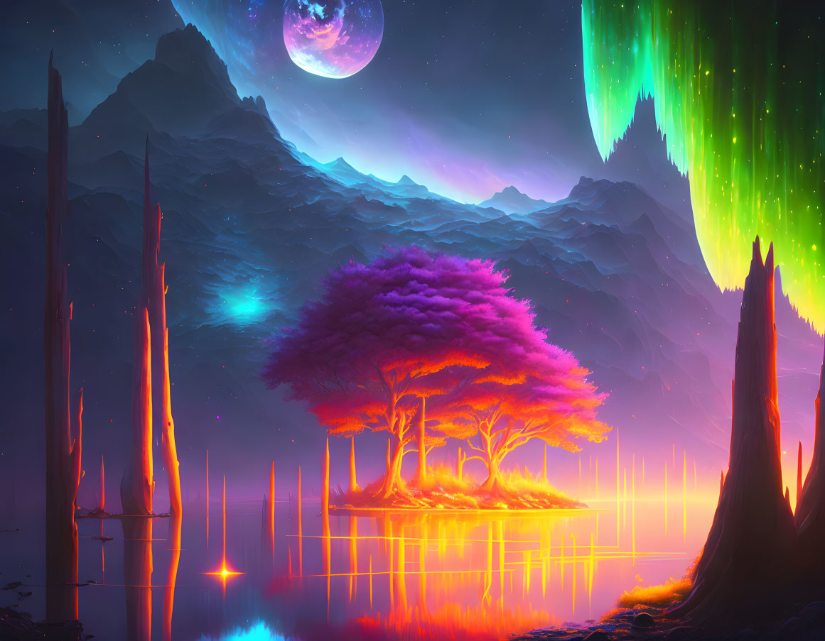 Colorful aurora-filled sky and pink tree in surreal landscape.