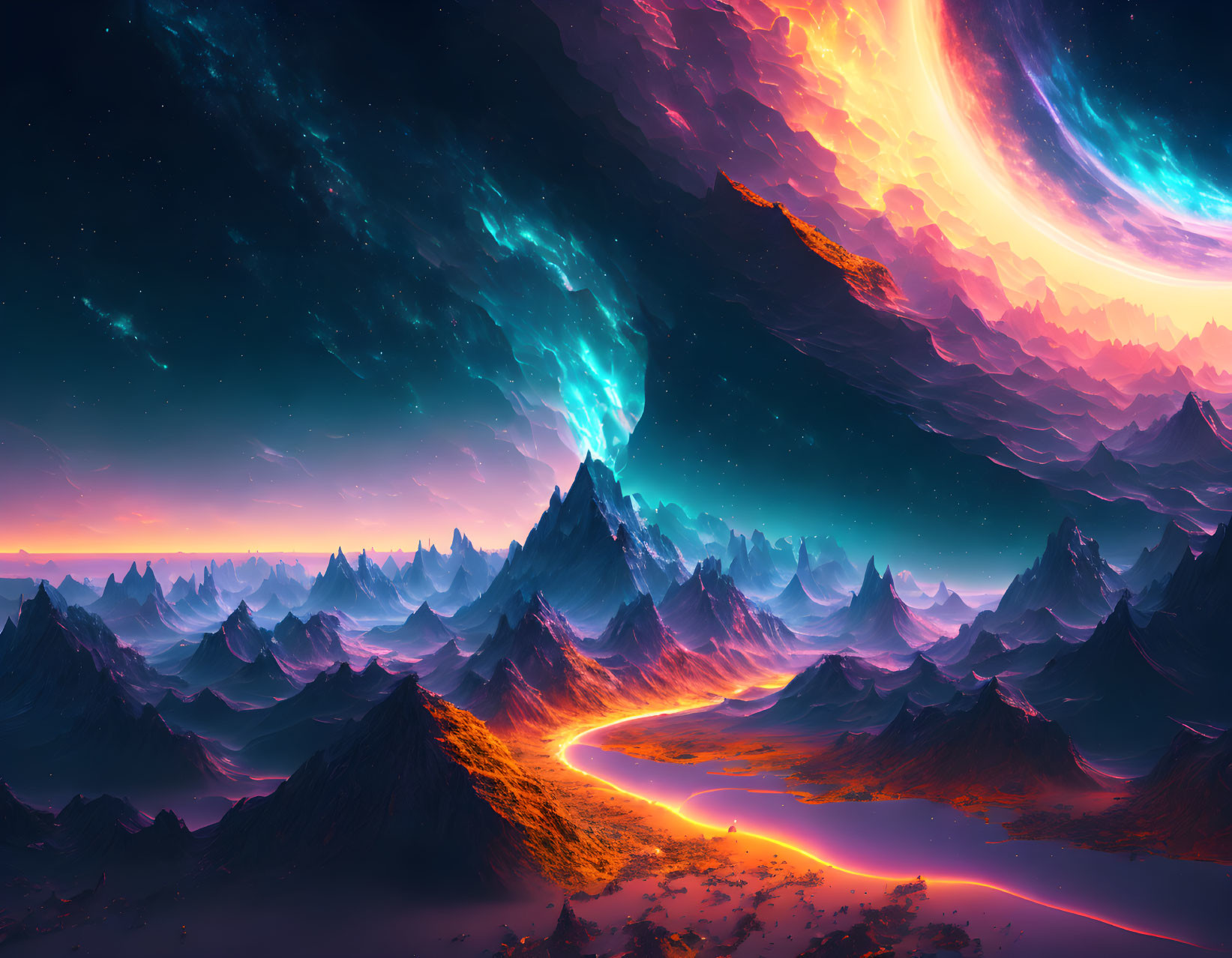 Nighttime mountain landscape with glowing river under swirling nebula sky