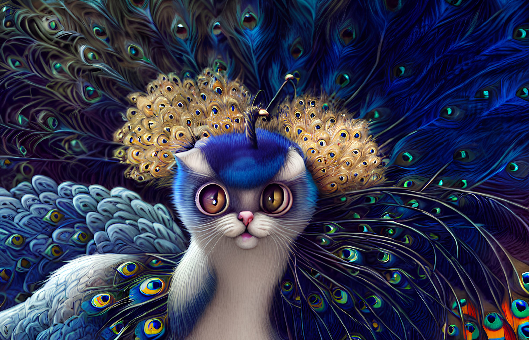 Colorful Cat Illustration with Peacock Tail and Feathers