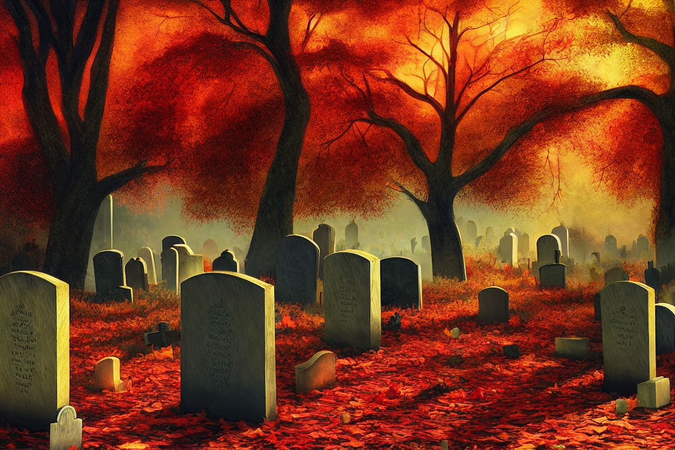 Vibrant autumn leaves and tombstones in peaceful cemetery