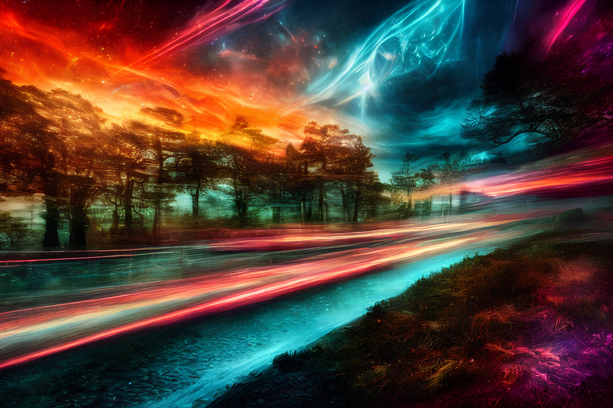 Colorful surreal landscape with river, neon lights, trees, and cosmic sky