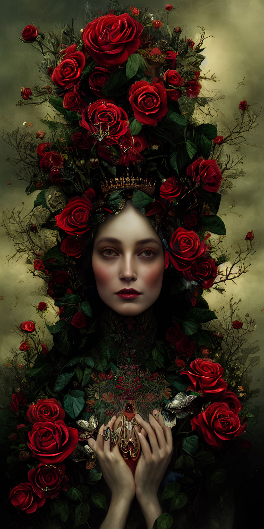 Woman with Red Rose Headdress and Golden Emblem on Moody Background