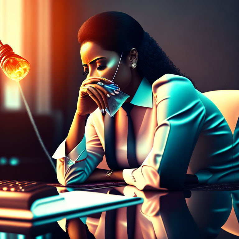 Contemplative woman at desk under warm desk lamp