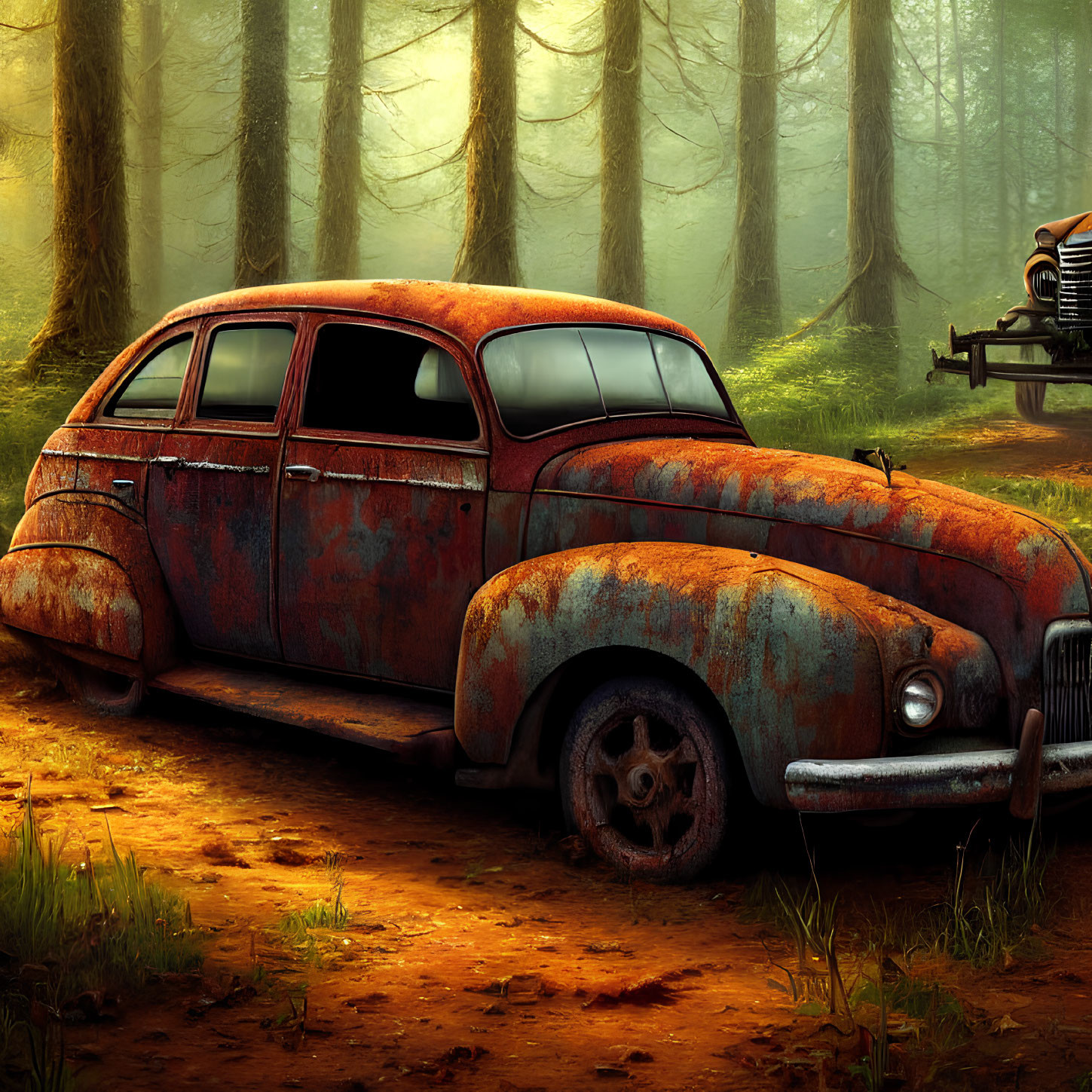 Rusted car abandoned in misty forest with light filtering through trees