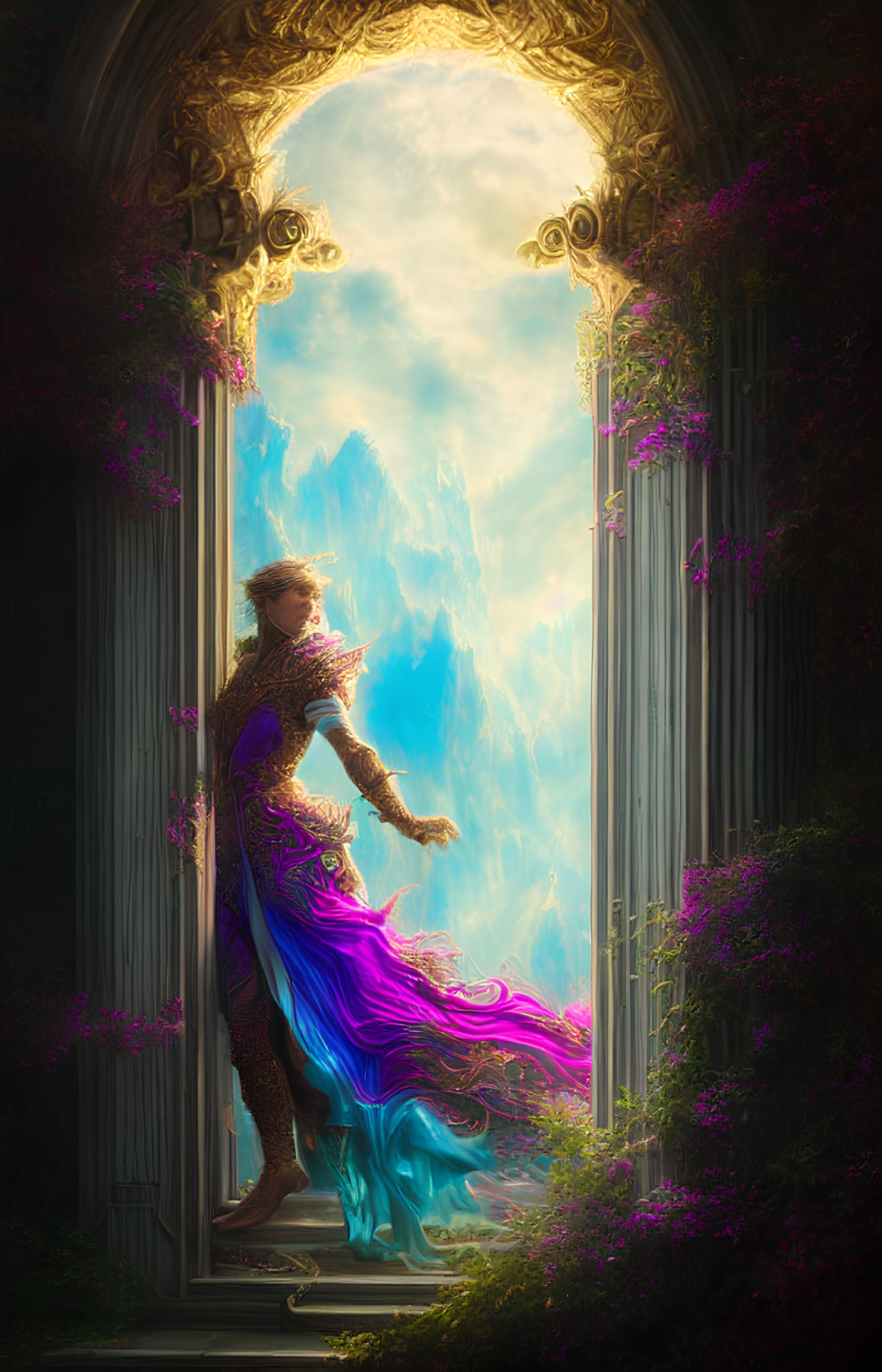 Person in Purple Dress Standing in Ornate Doorway Surrounded by Greenery and Light