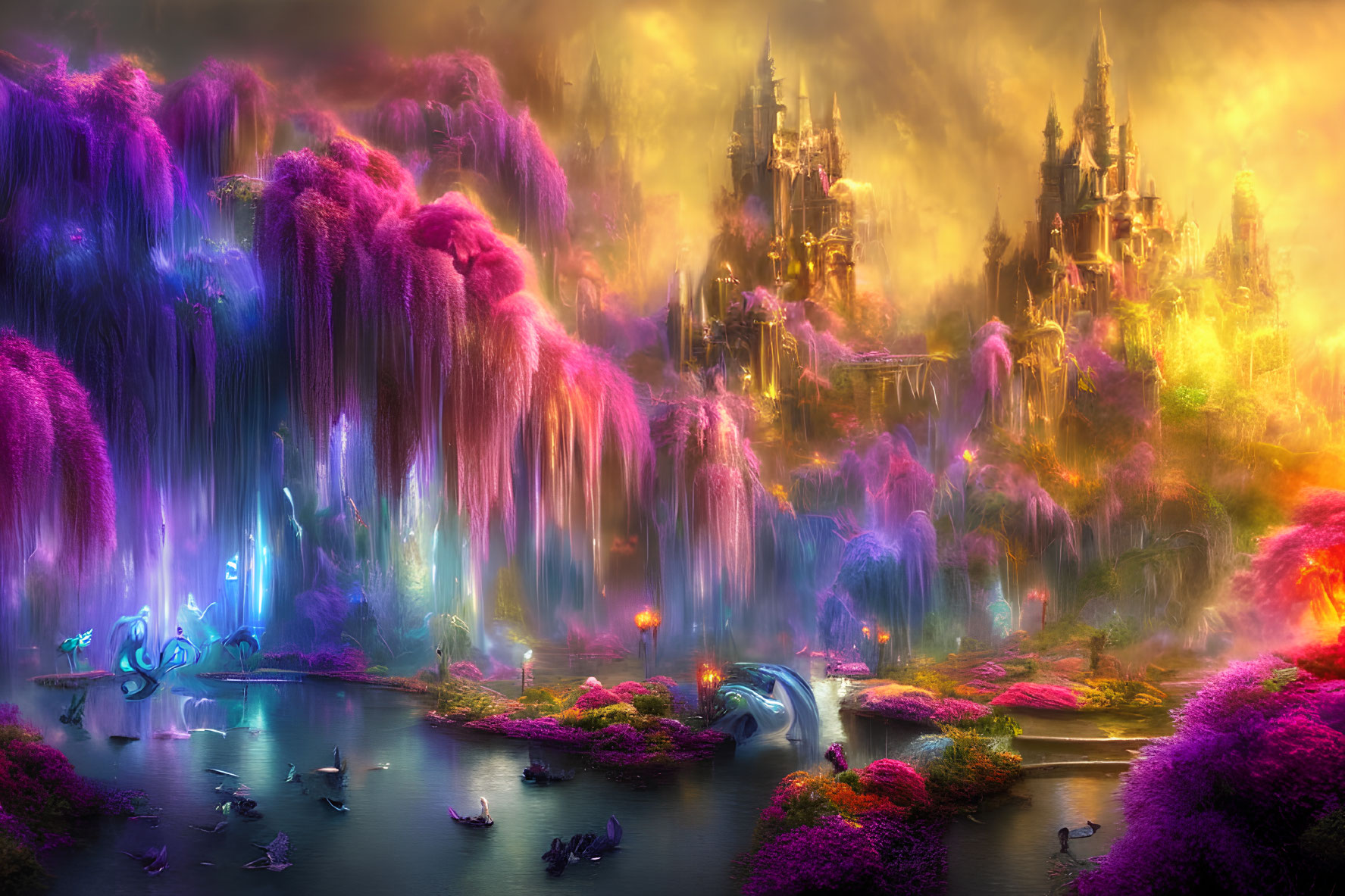 Colorful Fantasy Landscape with Flora, Waterfalls, Castles, and Lake Boats