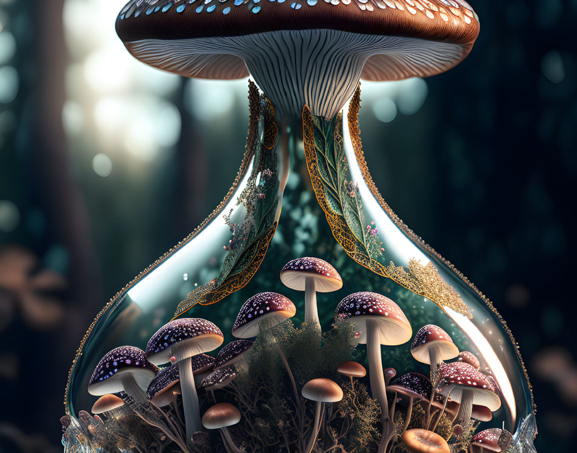 Giant intricate mushroom surrounded by lush foliage