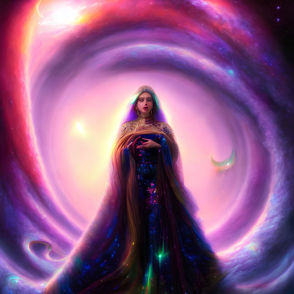 Mystical woman in ornate attire surrounded by celestial bodies in cosmic backdrop