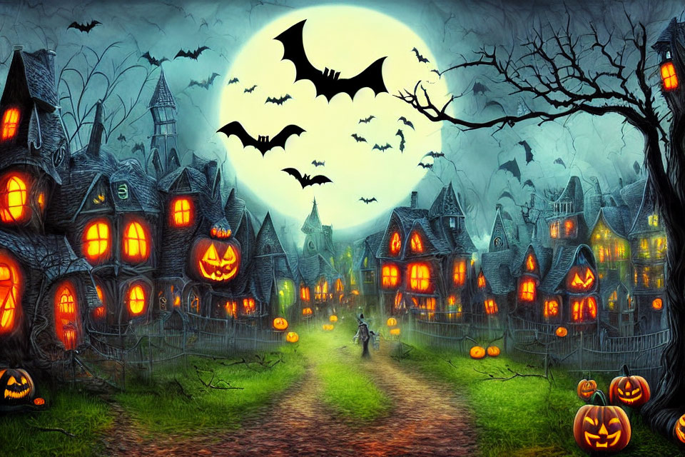 Haunted houses, jack-o'-lanterns, full moon, bats, and ghostly sky in