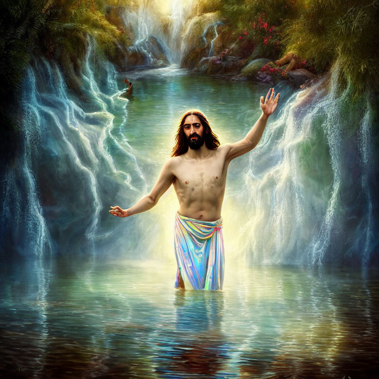 Traditional Depiction of Jesus in River with Waterfalls