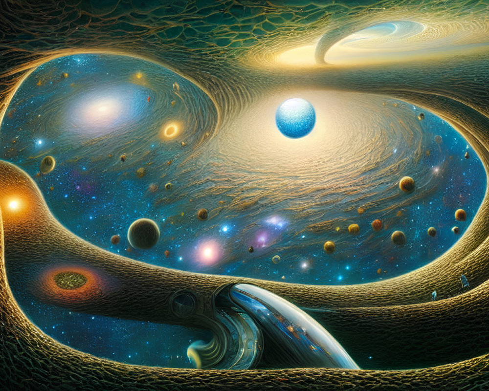 Surreal cosmic landscape with swirling celestial bodies and textured spacetime backdrop