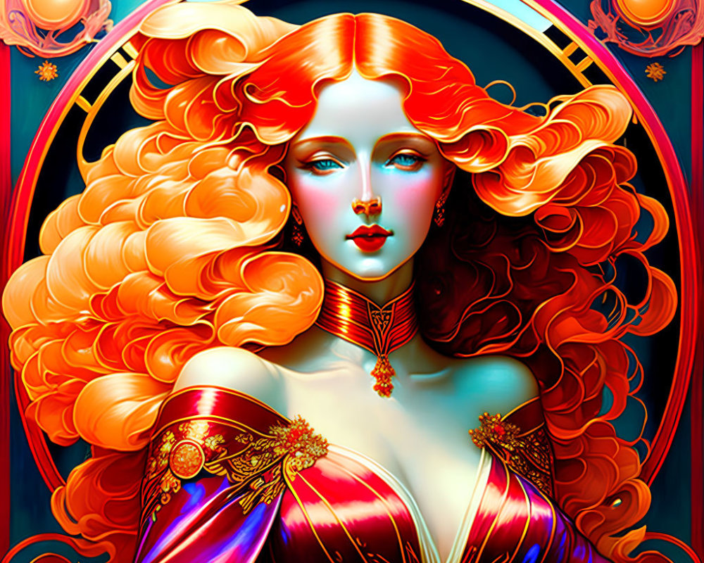 Digital portrait of woman with red hair, blue skin, in ornate Art Nouveau dress