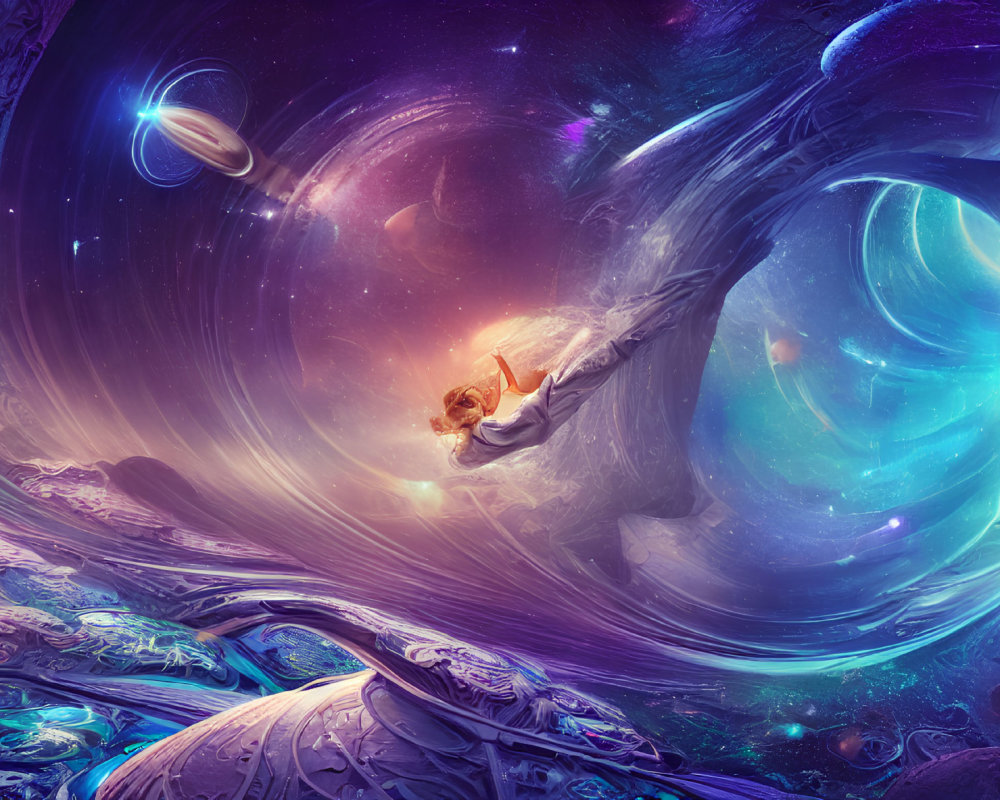 Person floating in surreal cosmic scene among space nebulae, galaxies, and planets