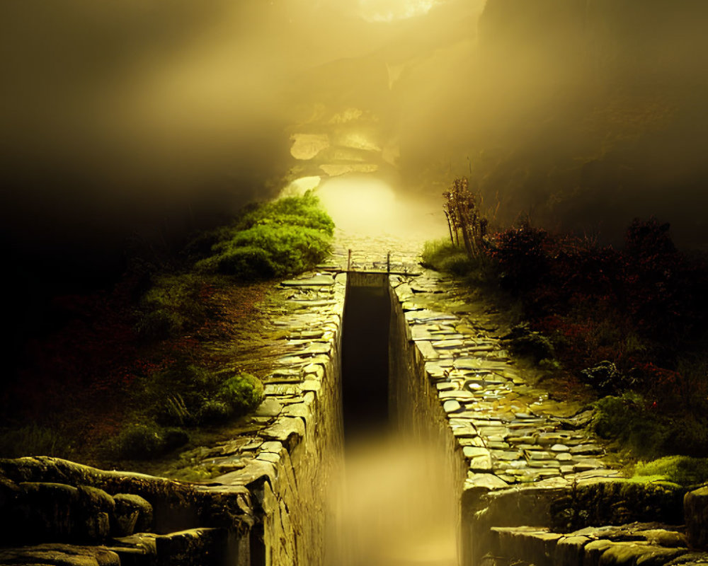 Mystical stone pathway in foggy landscape towards sunlit opening