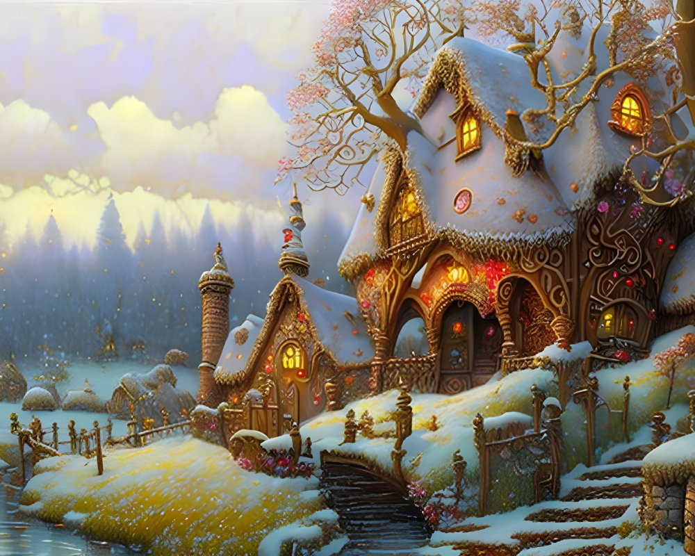 Whimsical winter scene with gingerbread-style house in snow