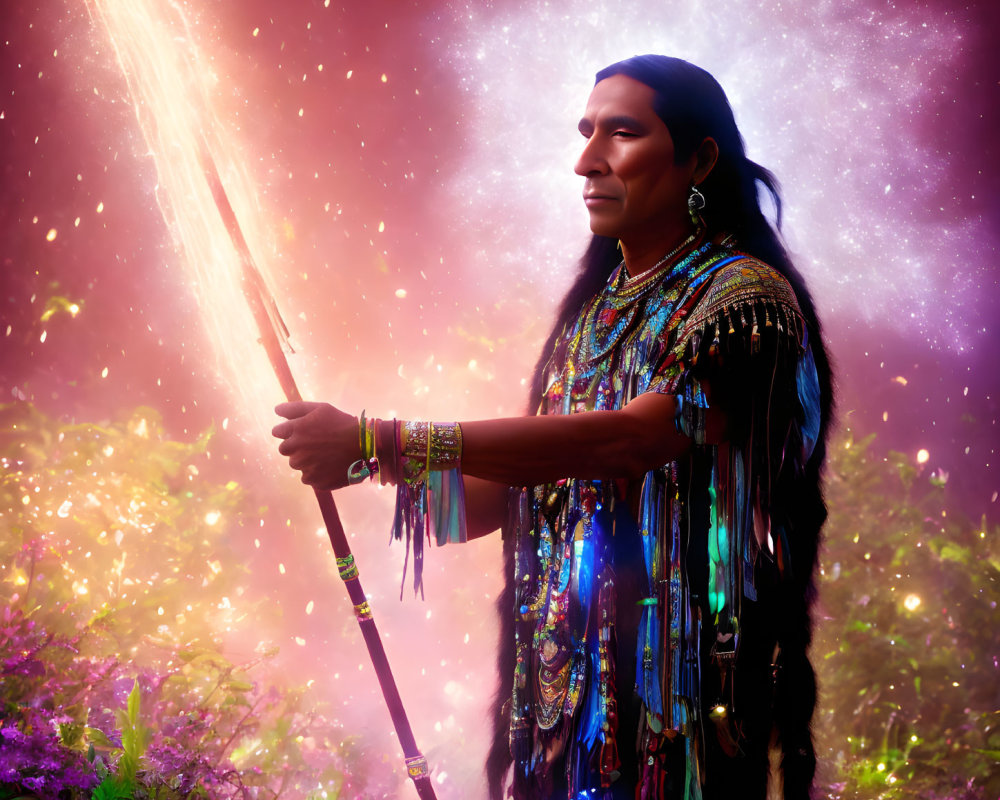 Indigenous person in traditional attire under cosmic starry sky with light beam