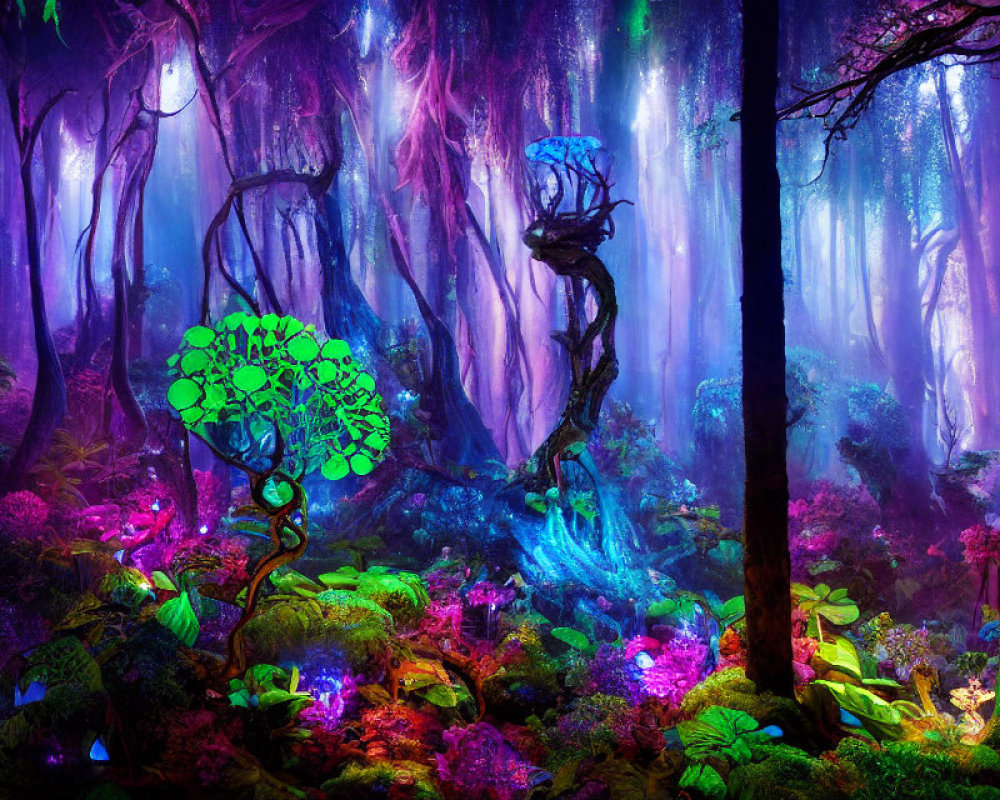 Neon-lit fantasy forest with glowing plants and mist