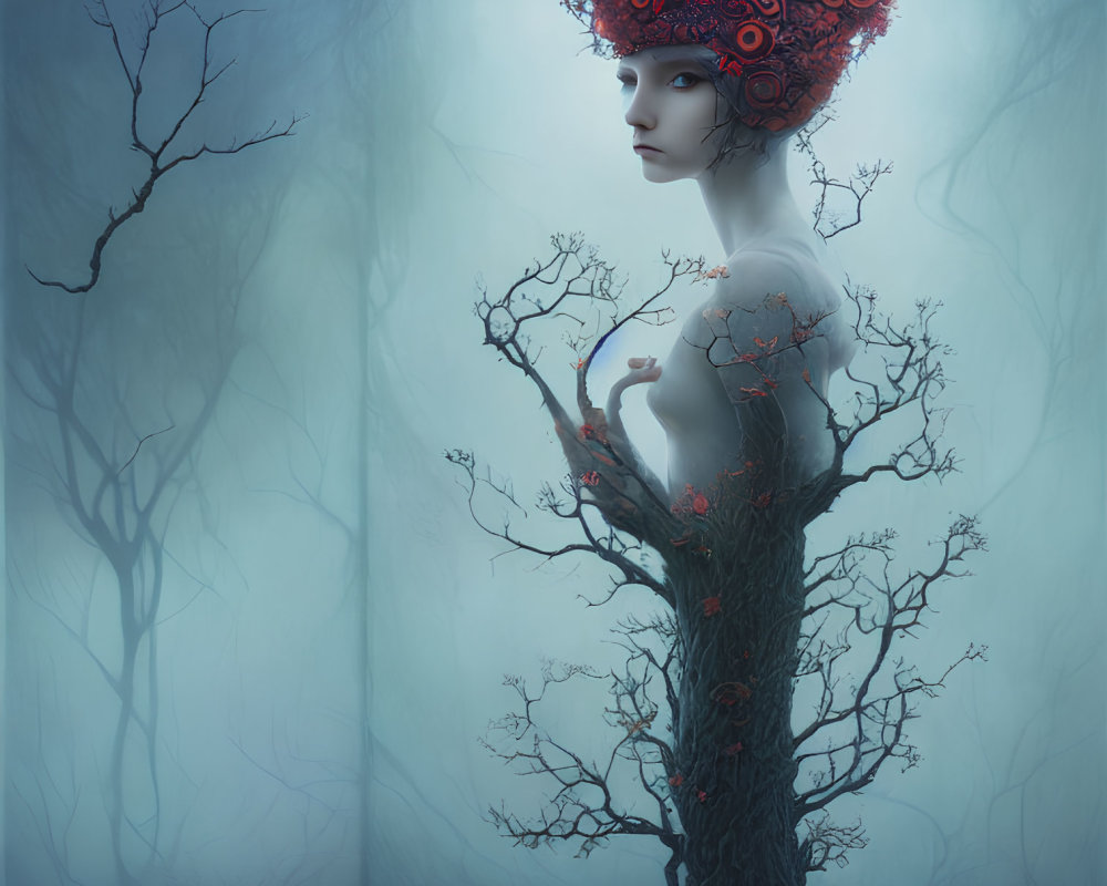 Surreal human-tree fusion with red floral headpiece in misty forest