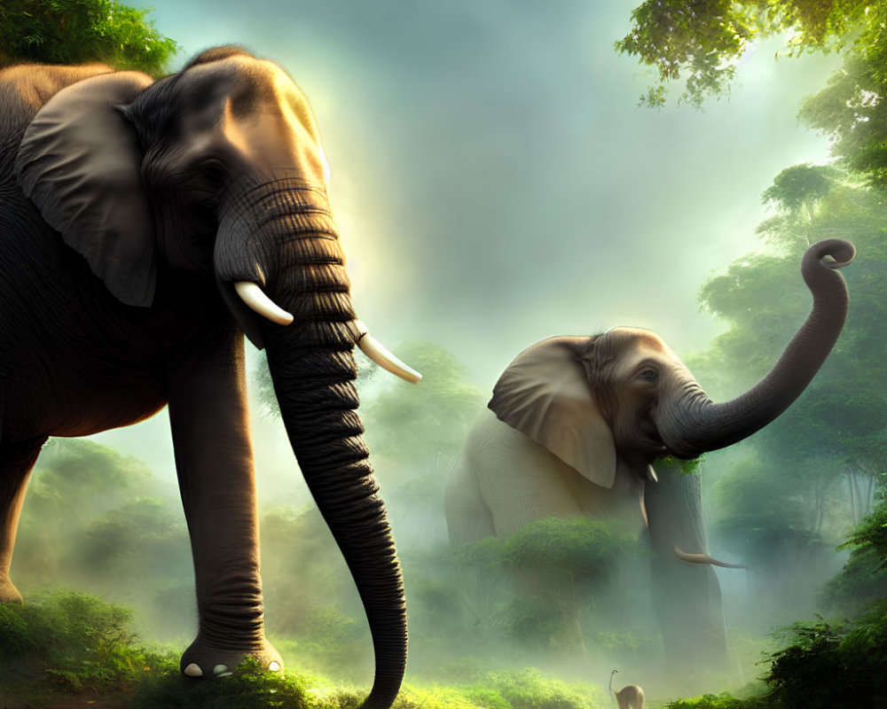 Misty forest scene with two elephants and sun rays