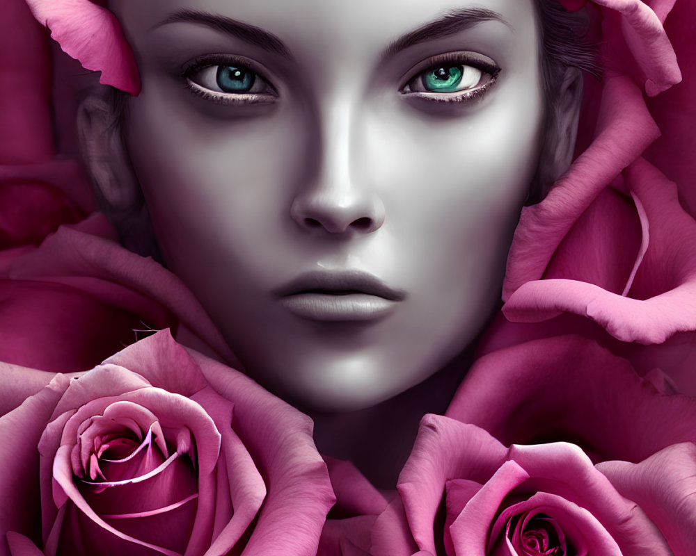 Surreal portrait of woman with porcelain skin and green eyes among pink roses