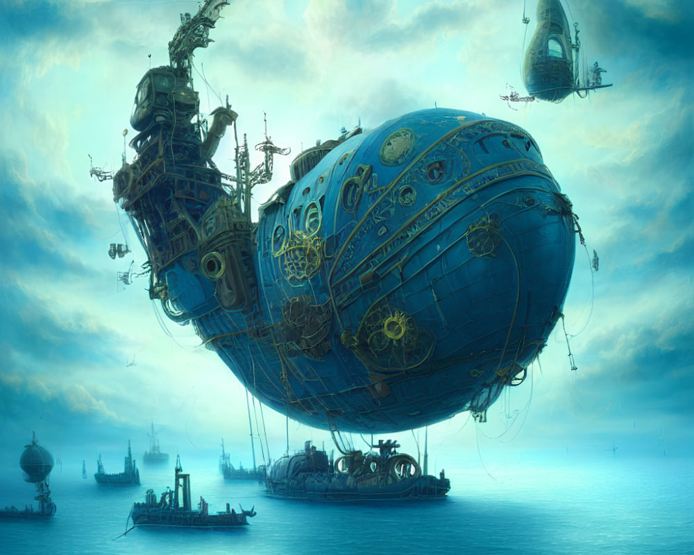 Steampunk-style airships in misty sky above calm sea