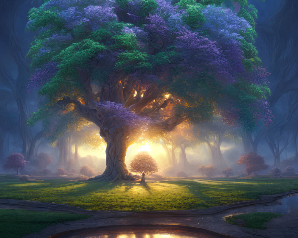 Majestic tree with purple and green foliage in tranquil grove