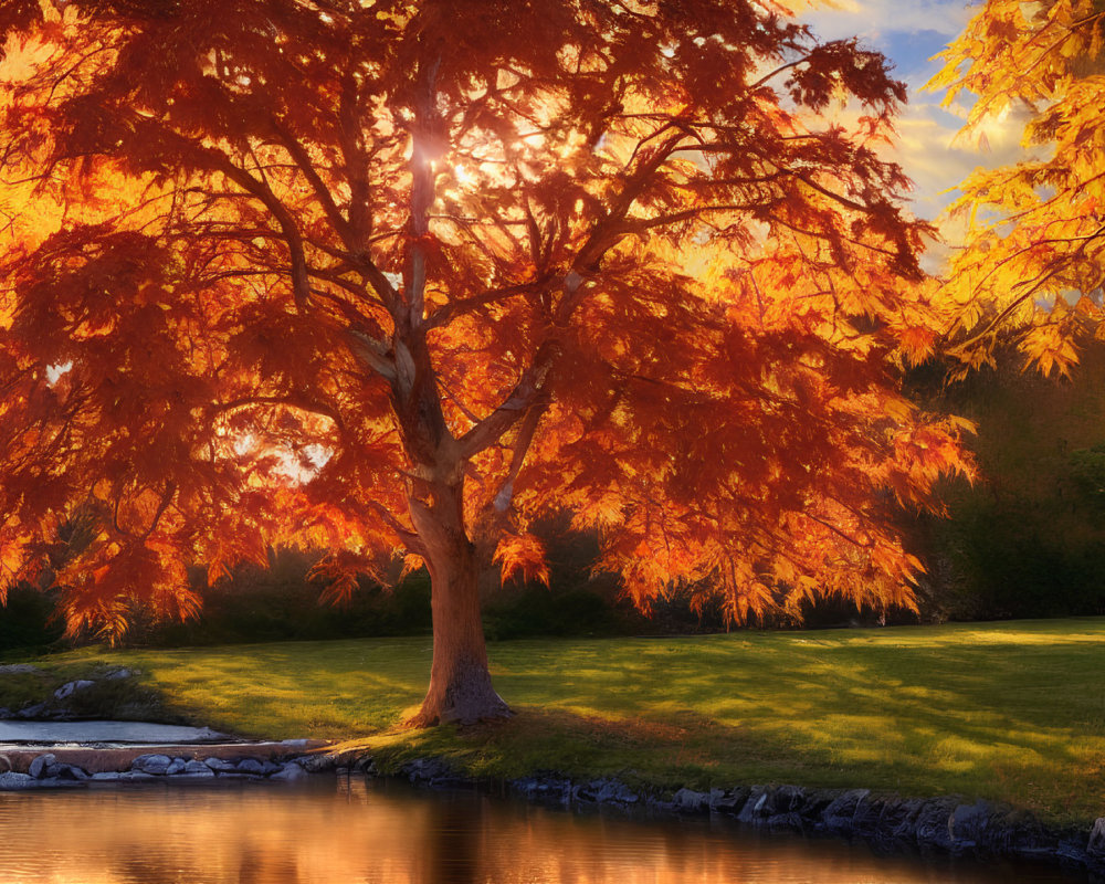 Vibrant orange tree by calm pond in sunlight glow