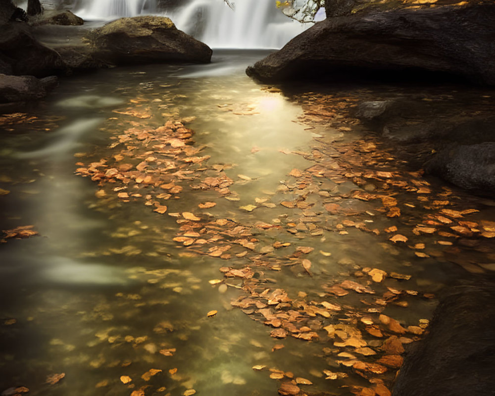 Tranquil waterfall with autumn leaves in soft light