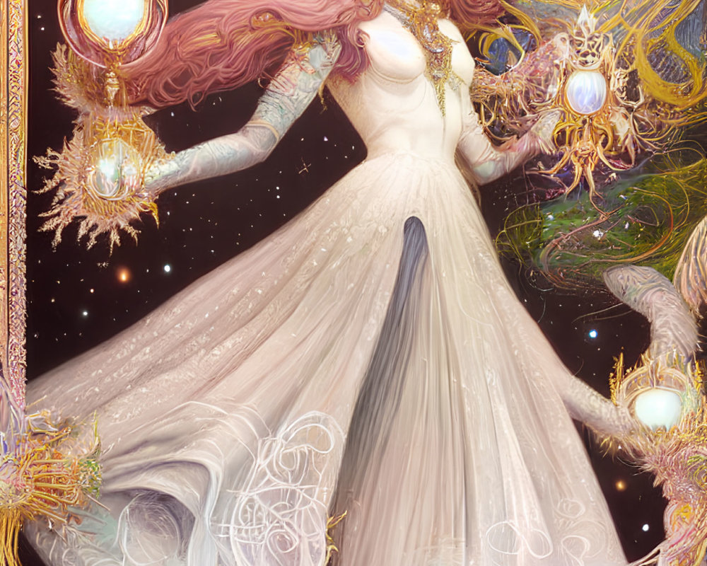 Ethereal woman in ornate gown against starry background